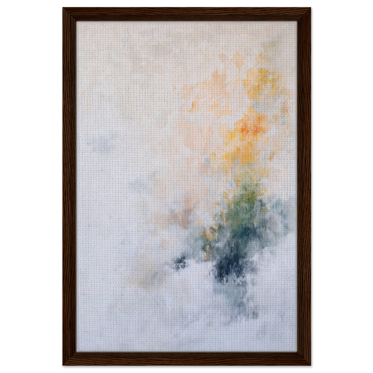 Abstract painting in soft yellow and blue-green, framed canvas print titled Flowing Dreams Surrender