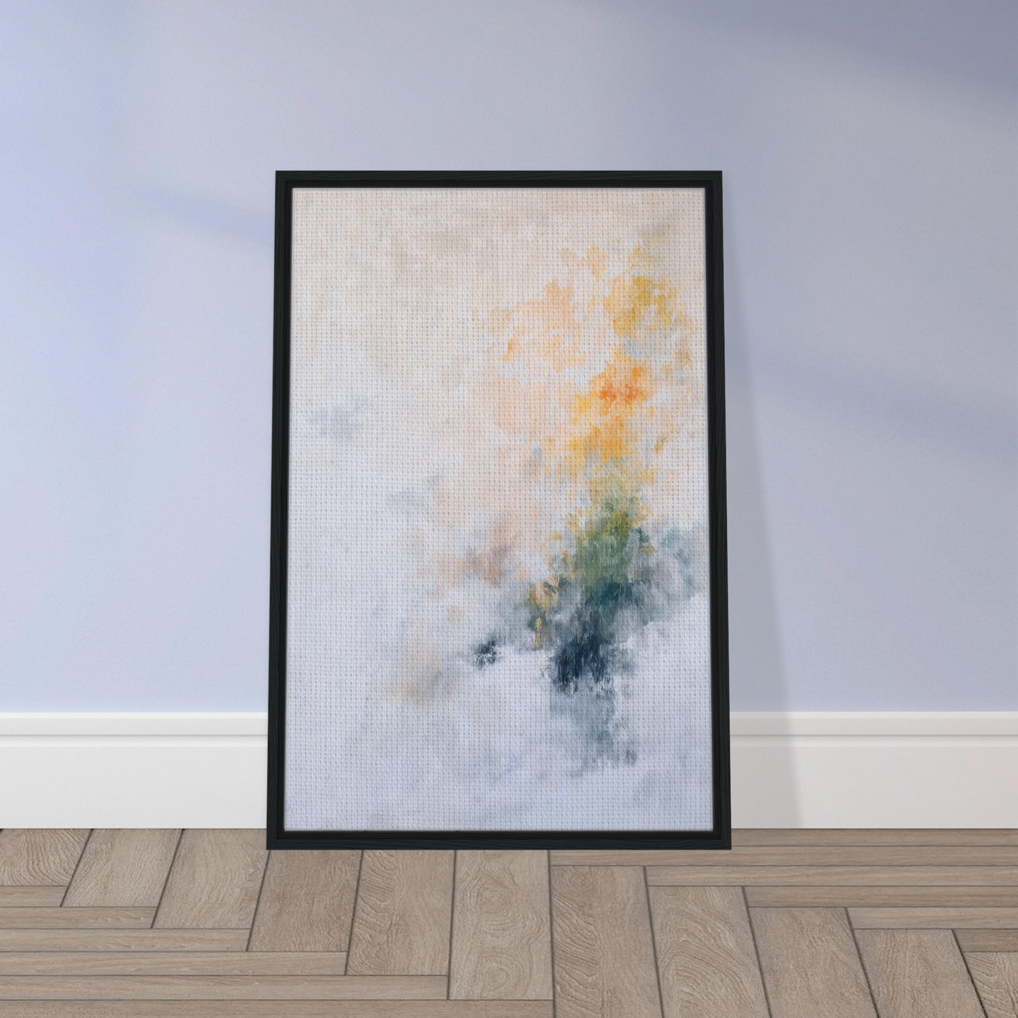 Framed Canvas Print of Flowing Dreams Surrender in soft yellow and blue-green tones