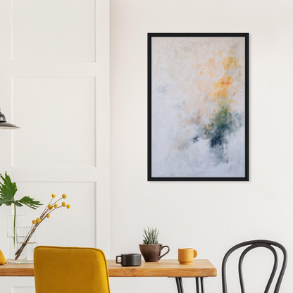 Abstract painting in soft blue, yellow, and gray tones, framed as Flowing Dreams Surrender