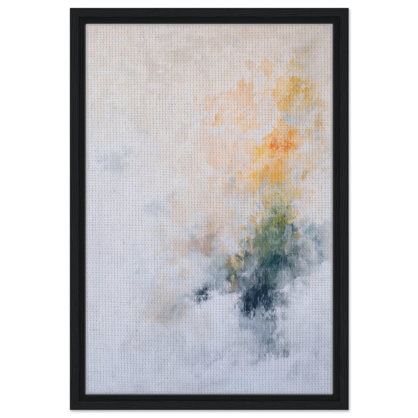 Abstract painting in yellow, blue, and gray tones from the Flowing Dreams Surrender collection