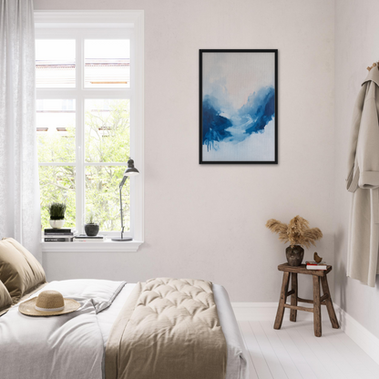 Bright airy bedroom with white decor and blue abstract art for Fluid Luminosity Wanders