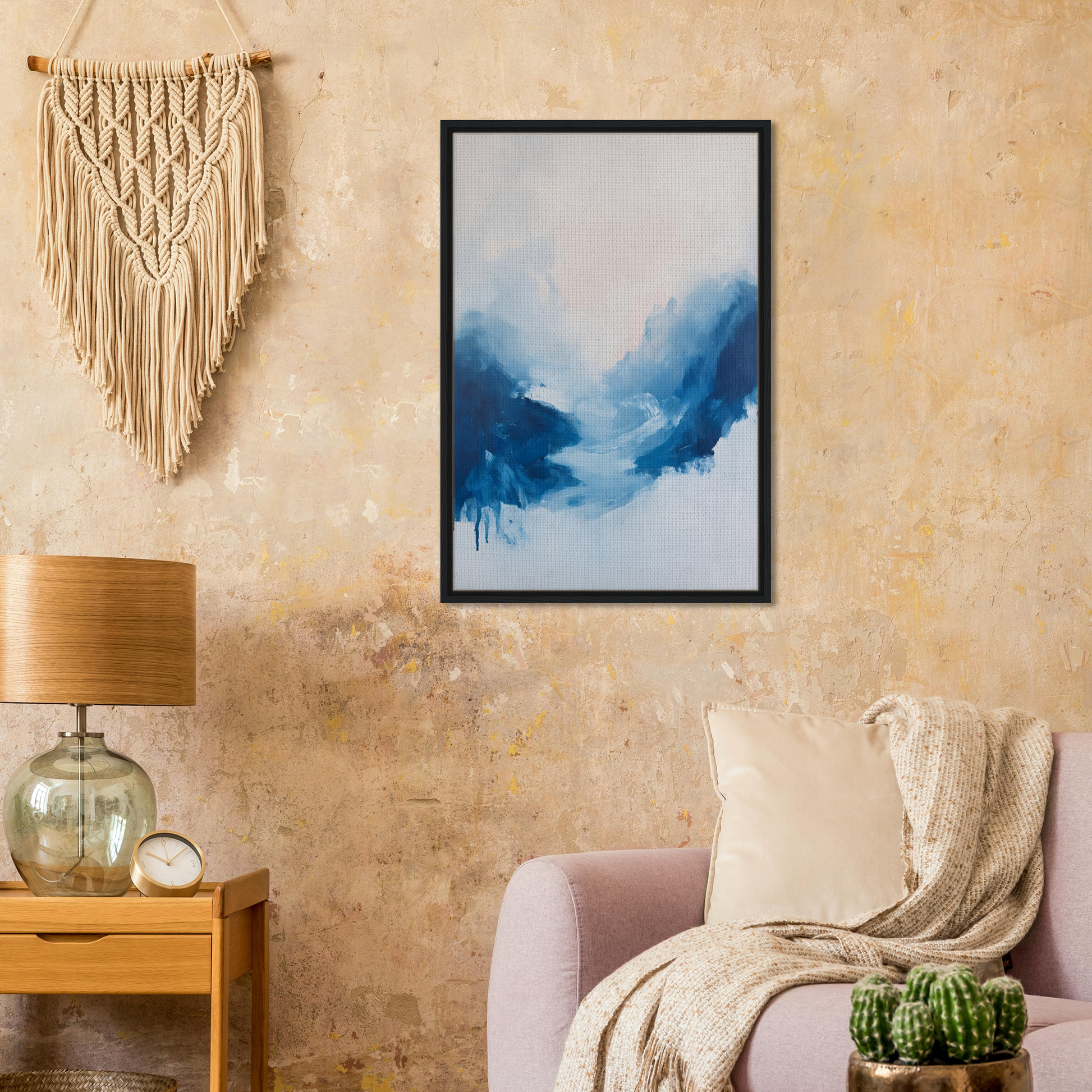 Framed abstract painting with blue watercolor shapes for Fluid Luminosity Wanders room decor