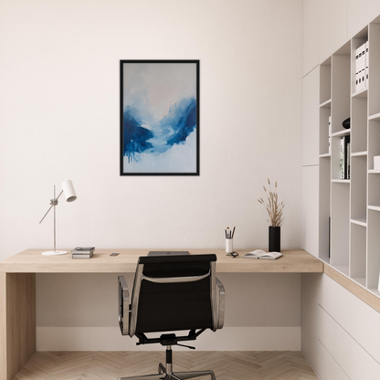 Minimalist home office featuring Fluid Luminosity Wanders framed canvas print