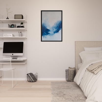 Minimalist bedroom with Fluid Luminosity Wanders decor, featuring white walls and shelves