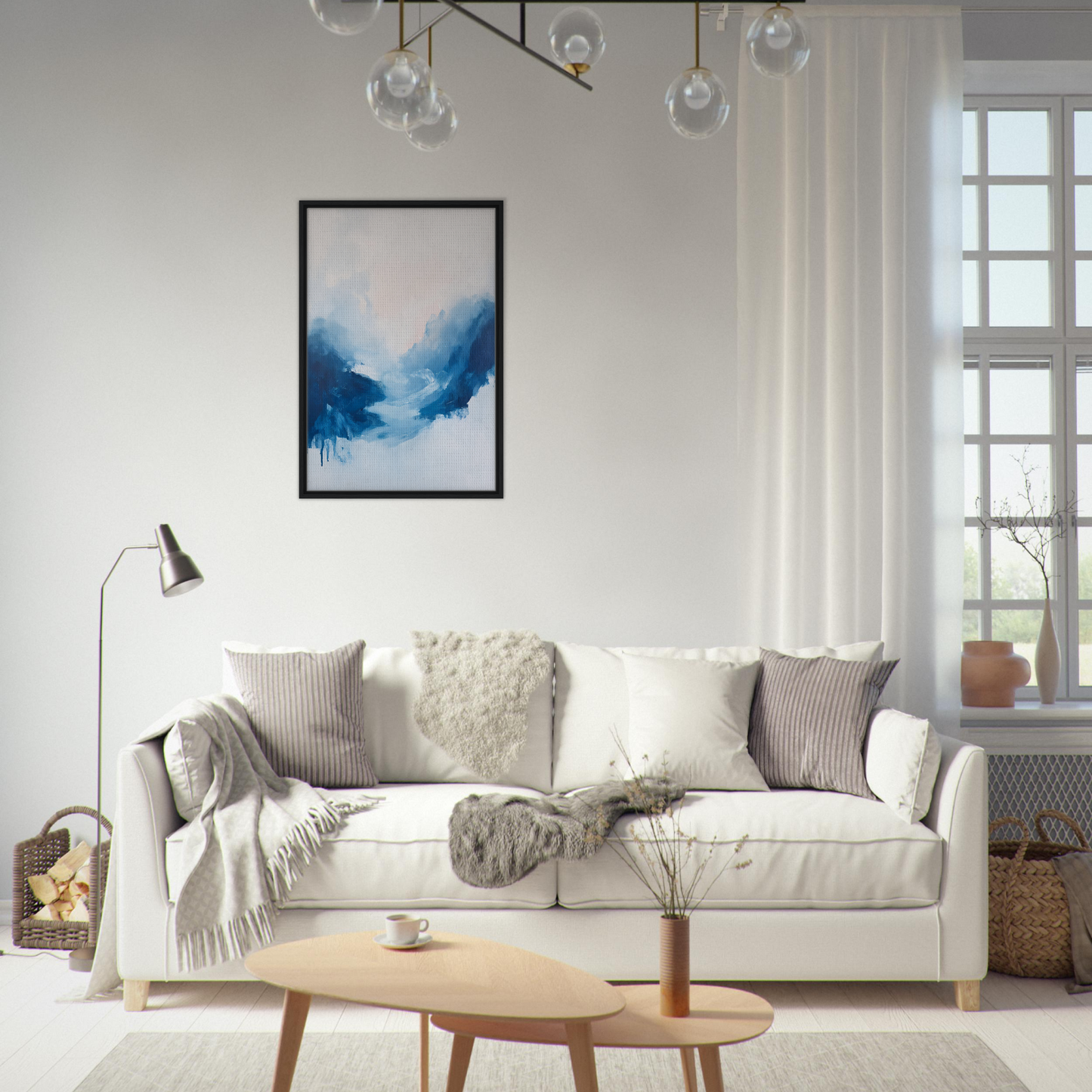 White sofa adorned with throw pillows and blankets, featured in Fluid Luminosity Wanders