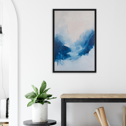 Abstract watercolor painting of blue mountains in a black frame, Fluid Luminosity Wanders