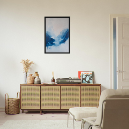 Wooden sideboard with cane-webbed doors and decor atop Fluid Luminosity Wanders