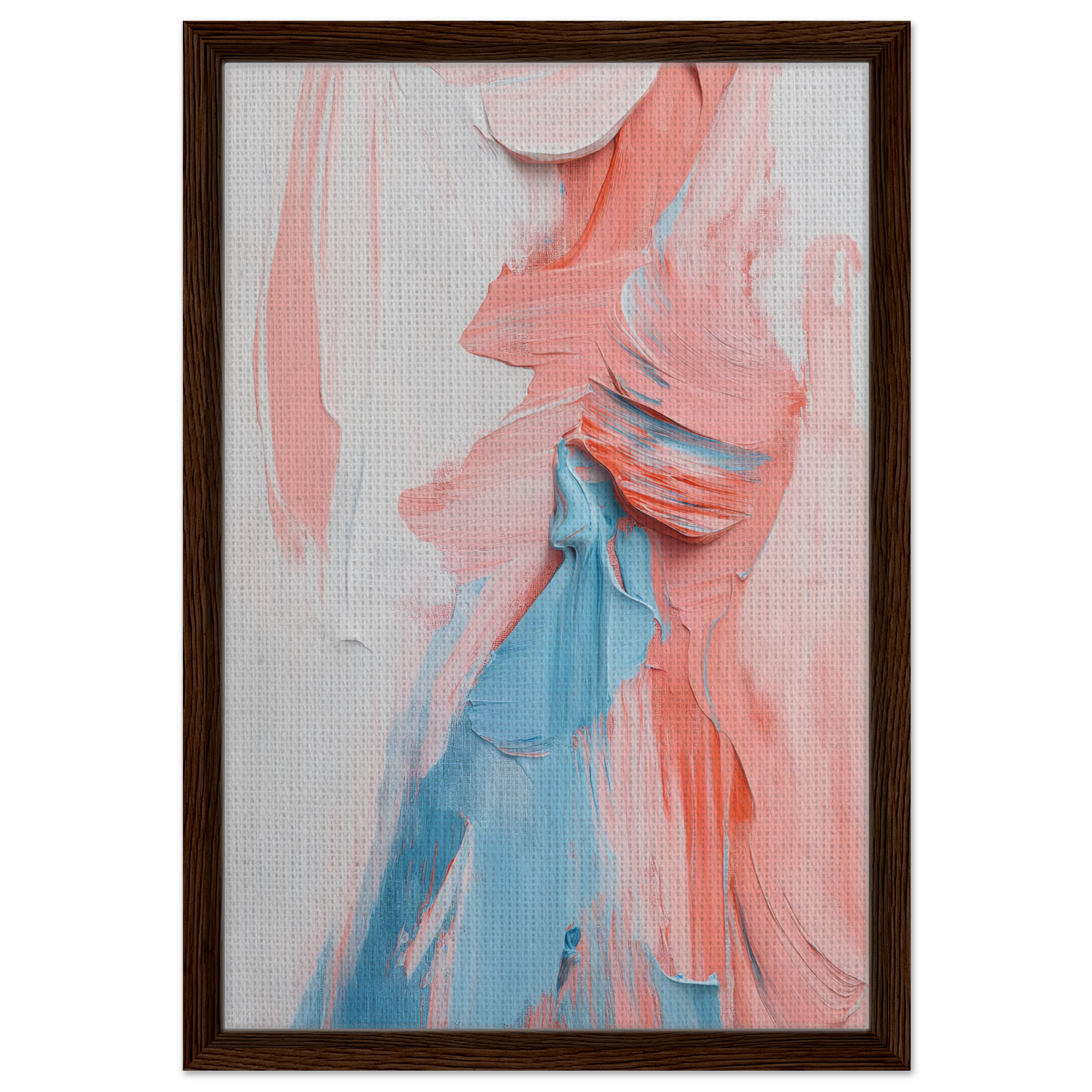 Abstract painting of swirling pink and blue brushstrokes from Fluid Spectrum Symphony, framed canvas print