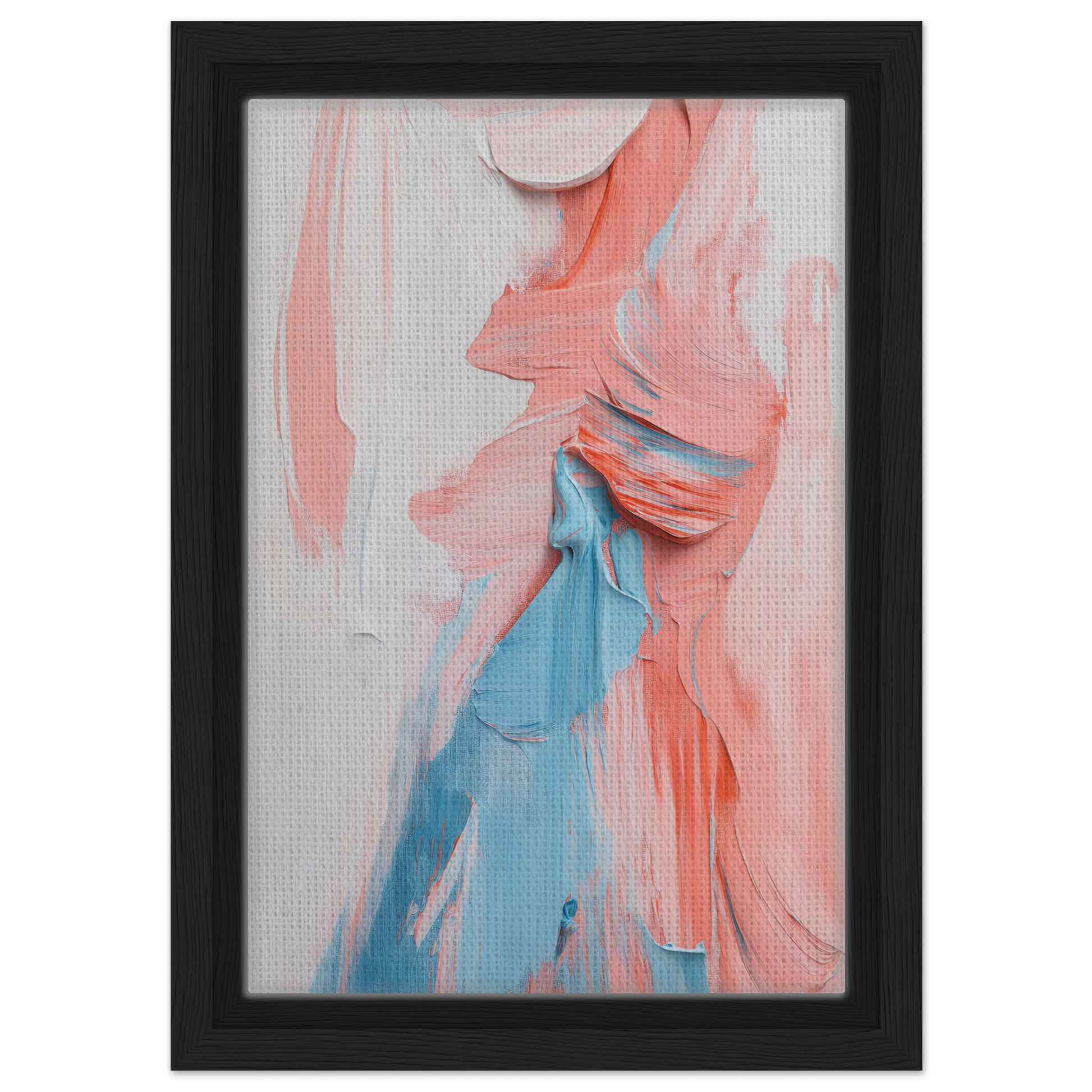 Abstract painting with pink and blue swirls, Fluid Spectrum Symphony framed canvas print