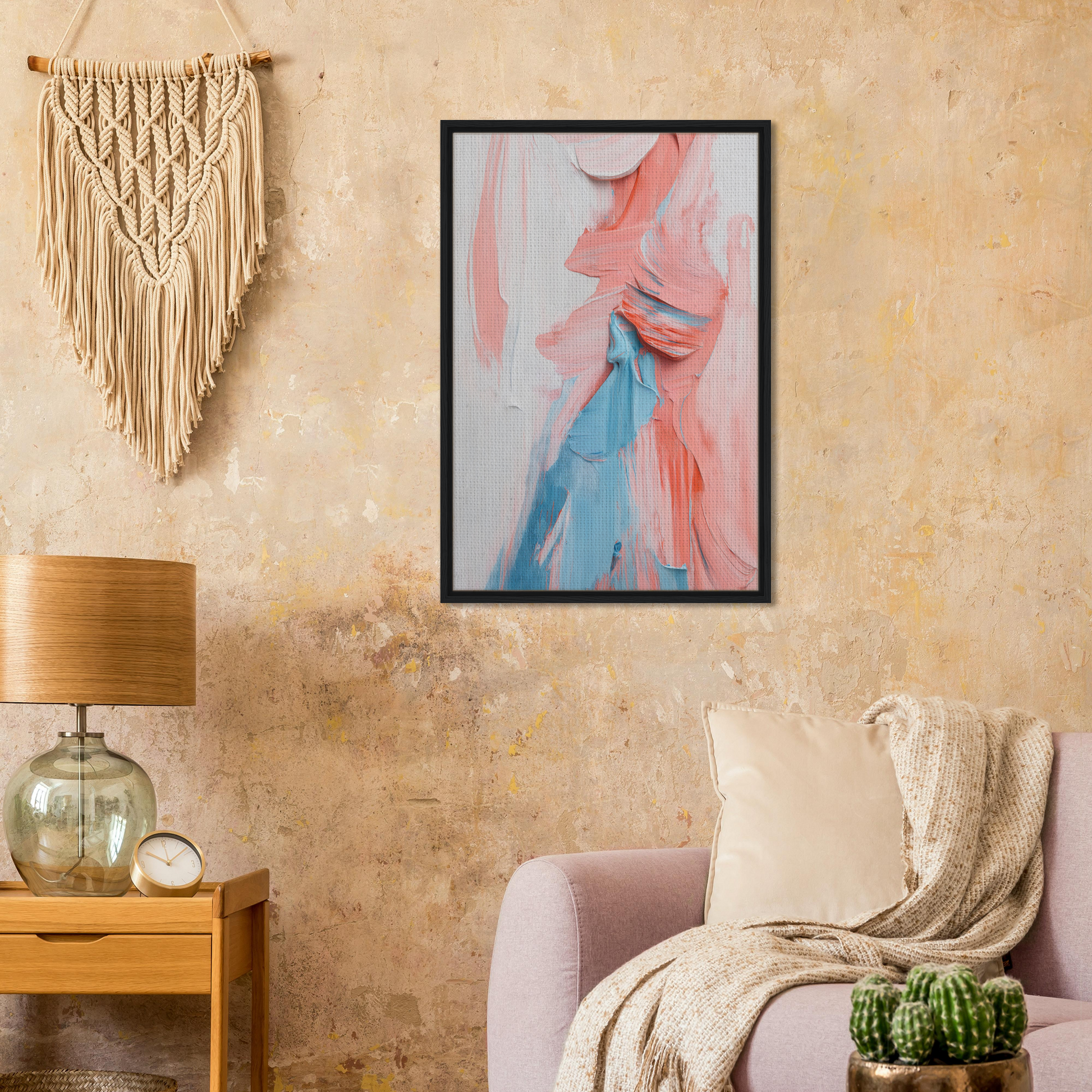 Framed abstract painting Fluid Spectrum Symphony with pink and blue brushstrokes for room decor