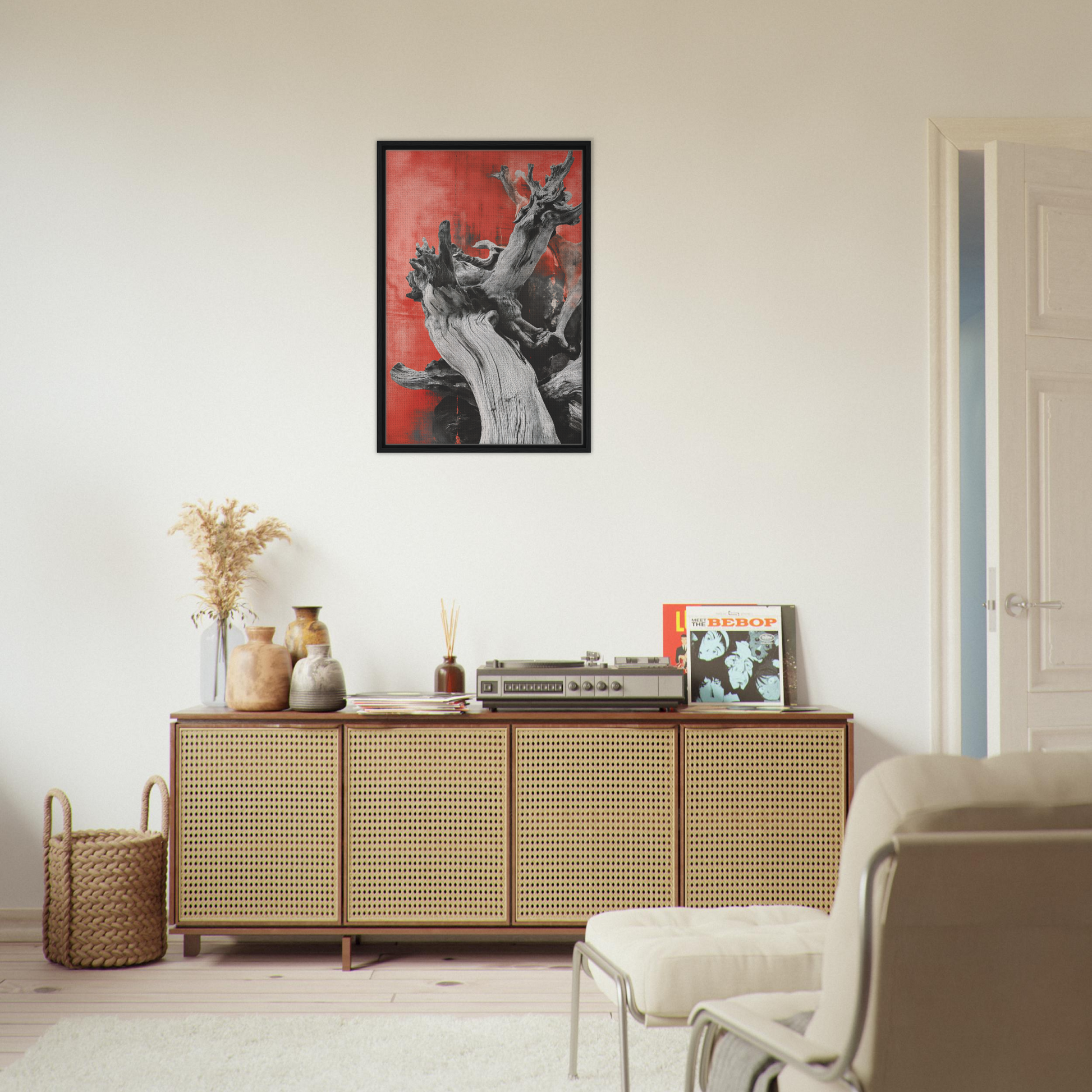 Fluid Wood Epiphany sideboard with cane-webbed doors and stylish decorative items