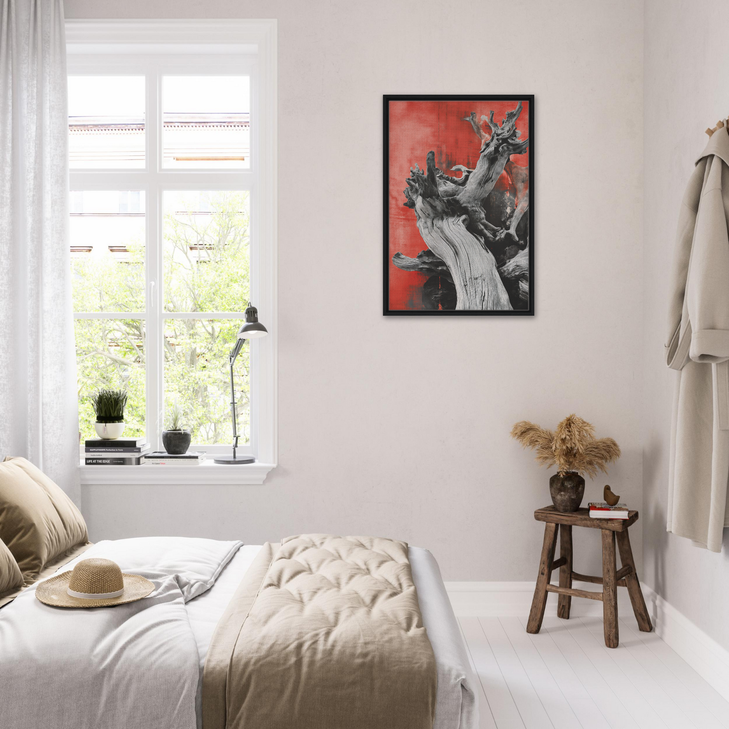 Bright, airy bedroom showcasing Fluid Wood Epiphany framed canvas print as focal point