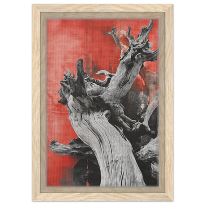 Gnarled tree trunk on vibrant red background, Fluid Wood Epiphany framed canvas print