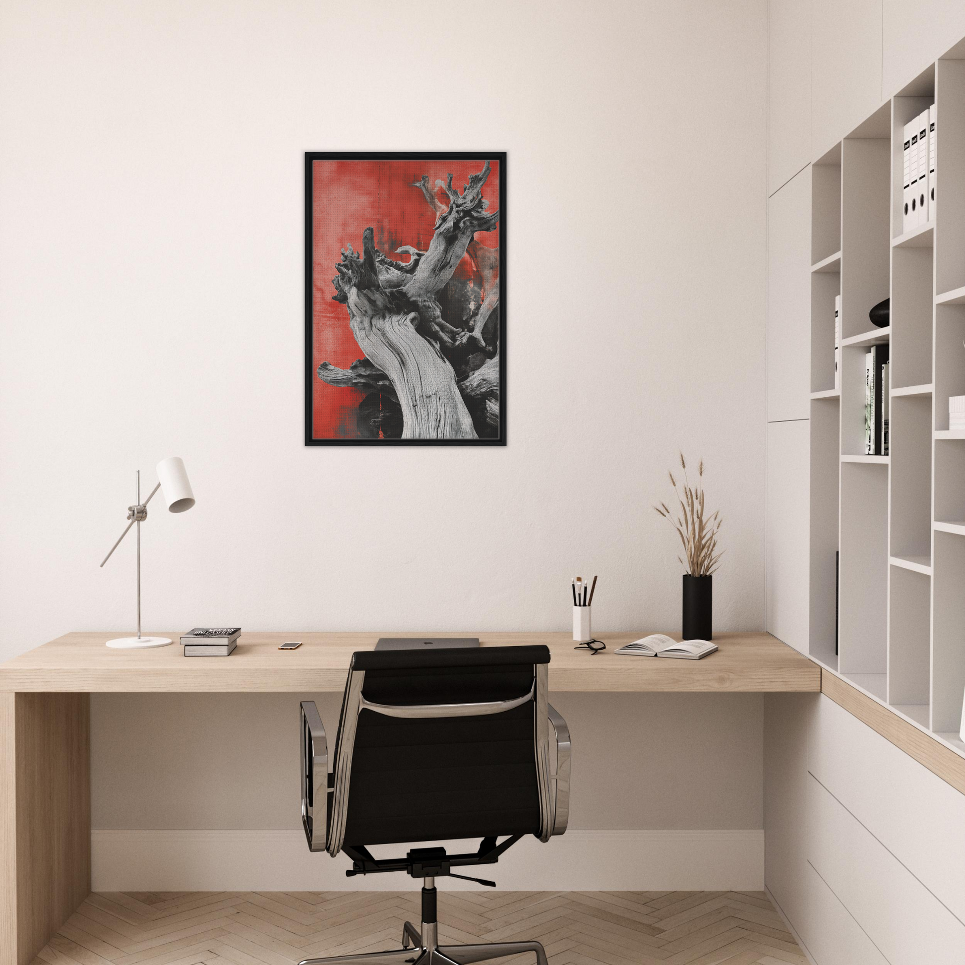 Minimalist home office showcasing Fluid Wood Epiphany with framed canvas print