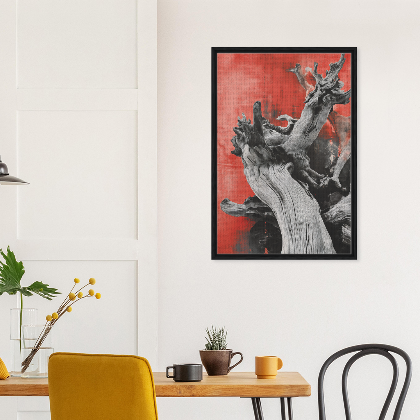 Framed canvas print of Fluid Wood Epiphany featuring a dramatic tree on a red background