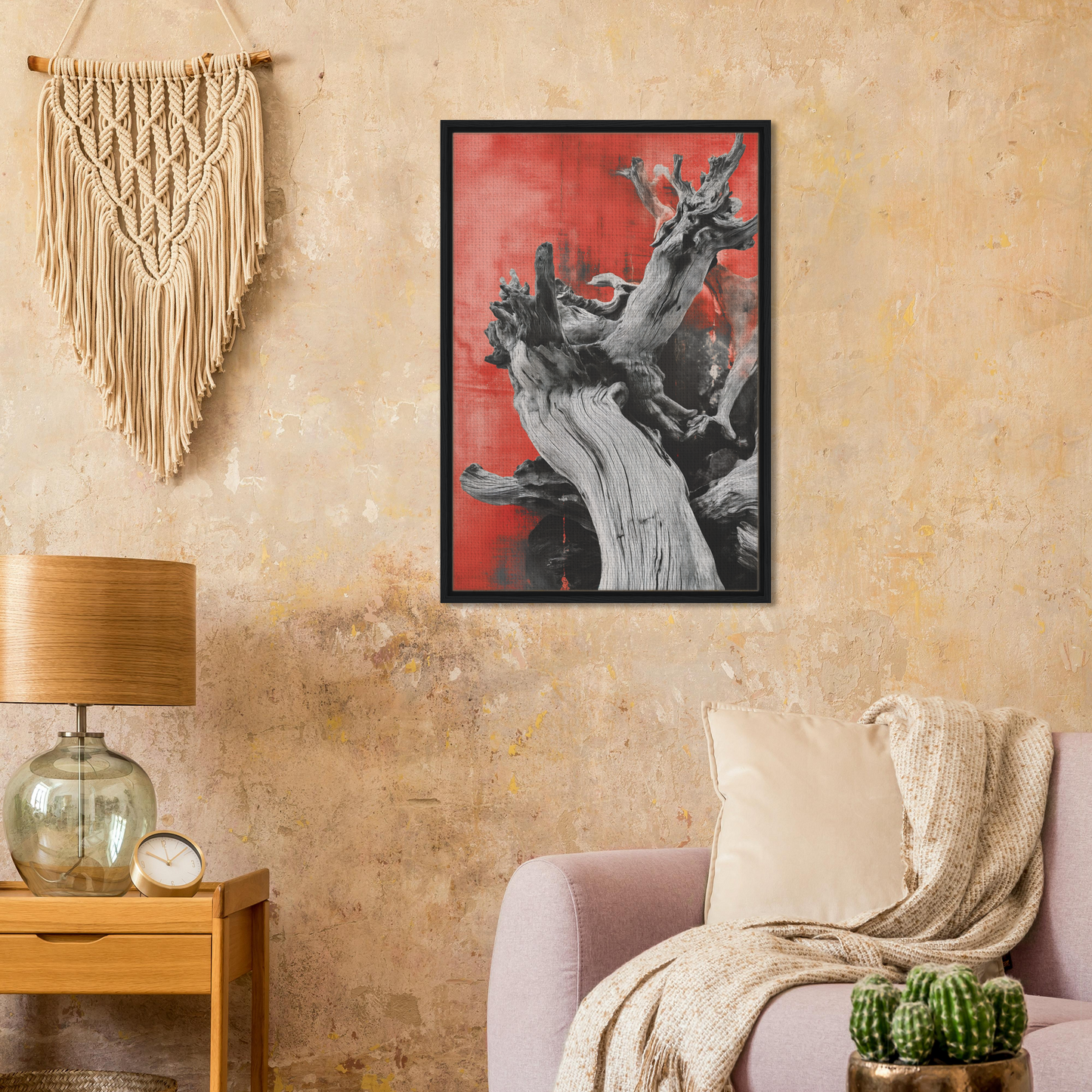 Framed Fluid Wood Epiphany artwork of a deer against a red background for room decor