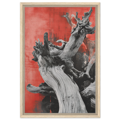 Gnarled driftwood against red background in Fluid Wood Epiphany Framed Canvas Print