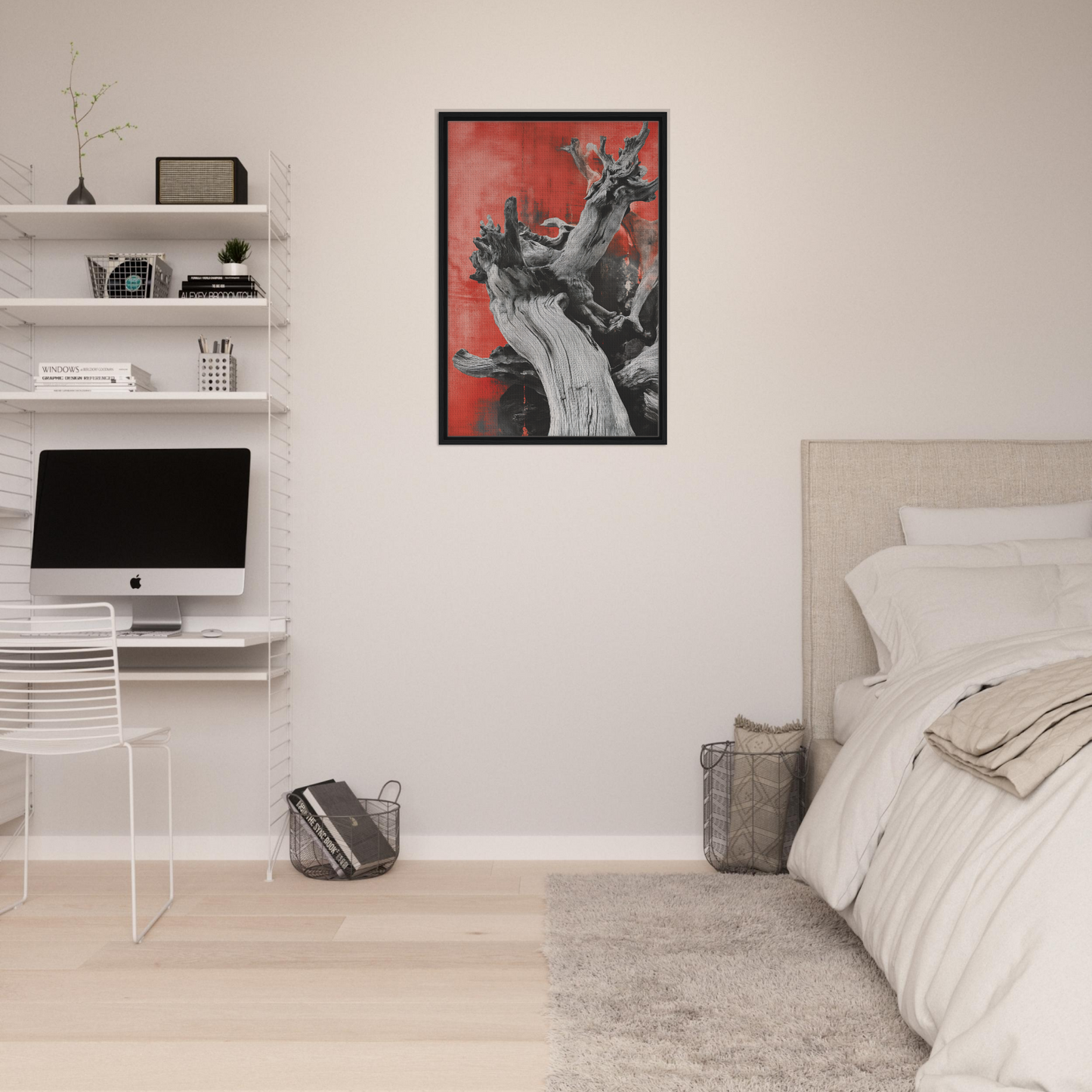 Framed Fluid Wood Epiphany artwork featuring a figure with raised arms on a red background