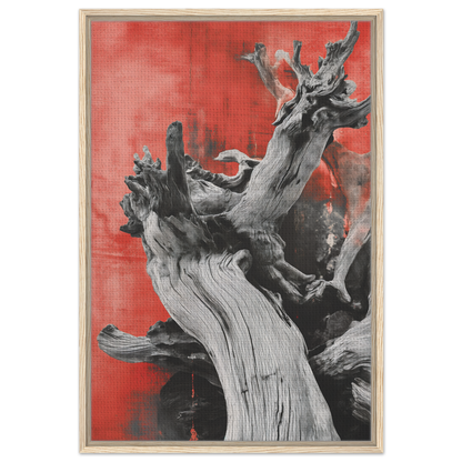 Gnarled driftwood on red background showcasing Fluid Wood Epiphany for unique room decor