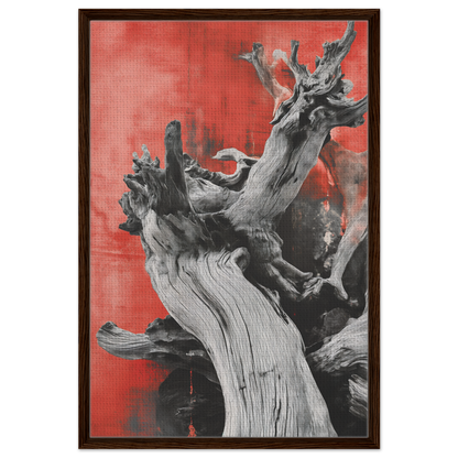 Gnarled driftwood against a red background in Fluid Wood Epiphany framed canvas print