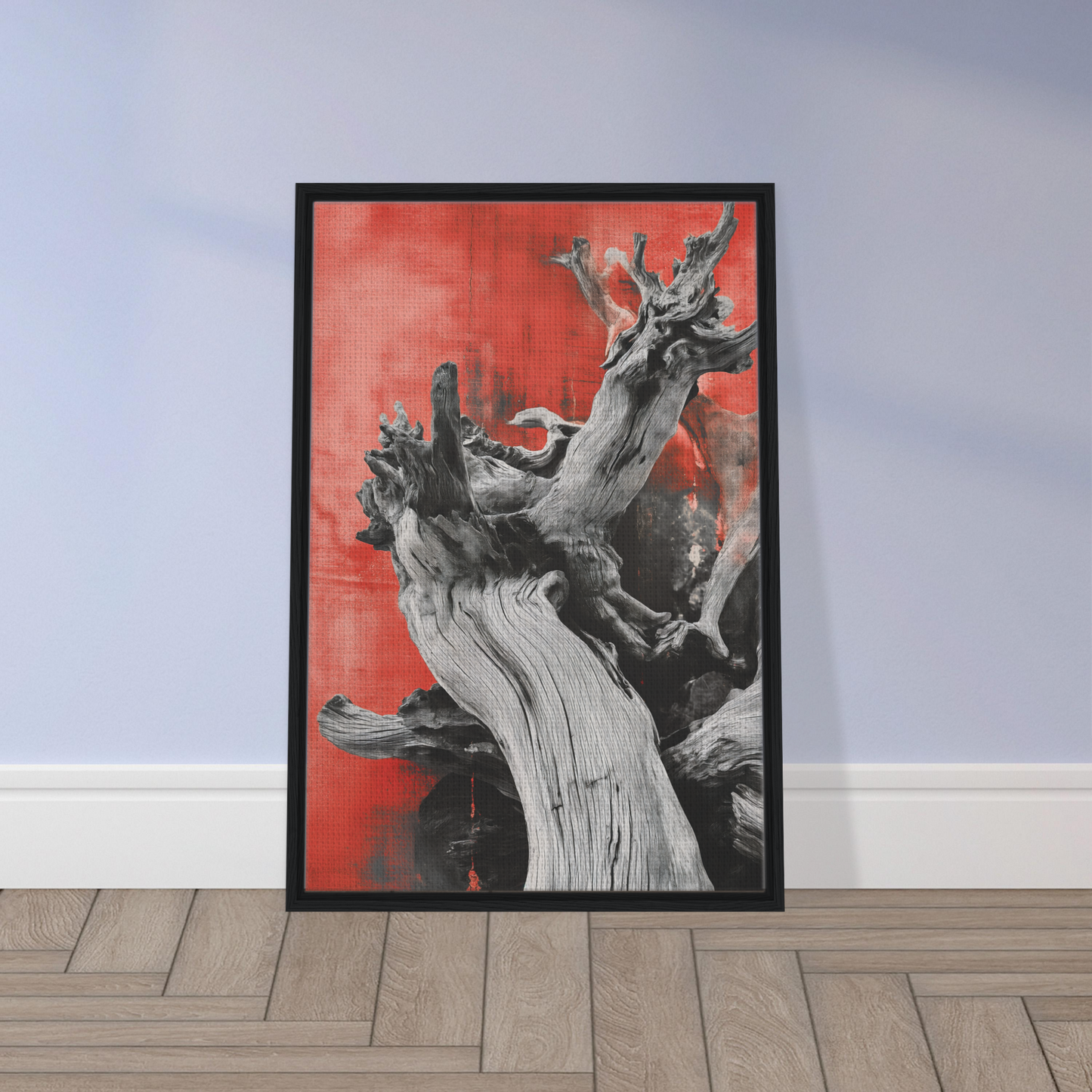 Framed canvas print of a gnarled tree on vivid red, Fluid Wood Epiphany artwork