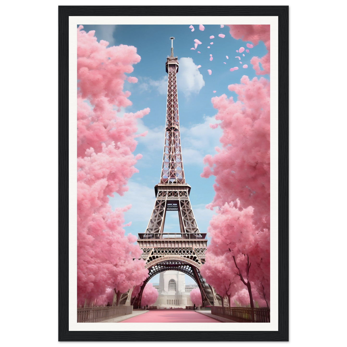 Eiffel Tower surrounded by pink cherry blossom trees and clouds.