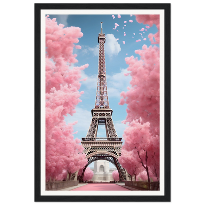 Eiffel Tower surrounded by pink cherry blossom trees and clouds.