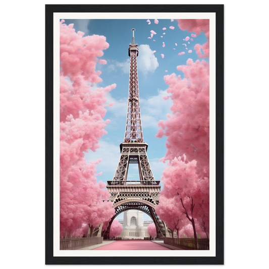 Eiffel Tower surrounded by pink cherry blossom trees and clouds.