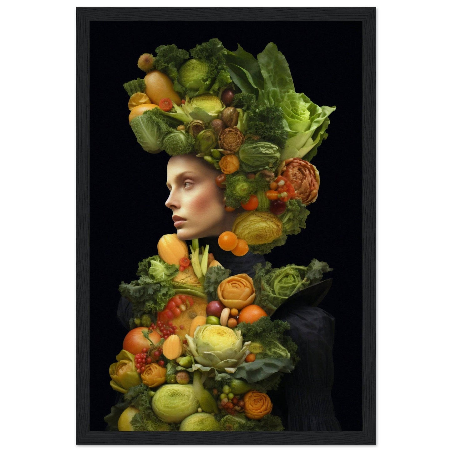 Portrait composed of vibrant fruits and vegetables arranged to form a human silhouette against a dark background.