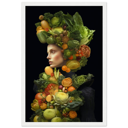 Portrait composed of various fruits and vegetables arranged to form a human silhouette against a dark background.