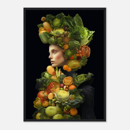 Portrait composed of vibrant fruits and vegetables arranged to form a figure’s head and upper body against a dark background.