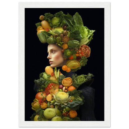 Portrait composed of vibrant fruits and vegetables arranged to form a figure’s head and upper body against a dark background.