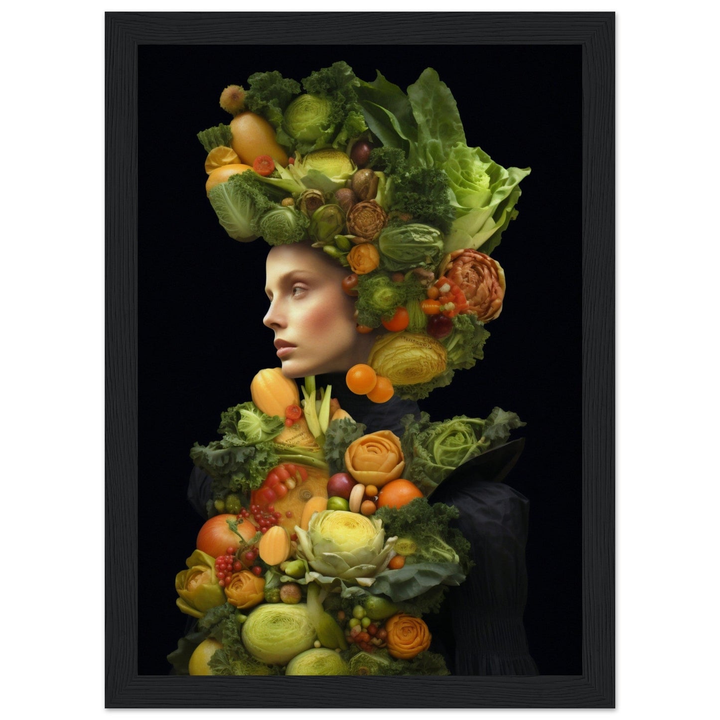 Surreal portrait composed of fruits and vegetables arranged to form a human figure against a dark background.