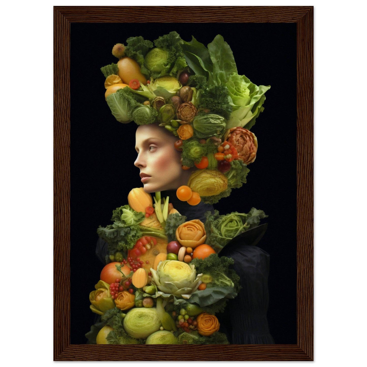 Portrait composed of vibrant fruits and vegetables forming a figure’s silhouette and headdress against a dark background.