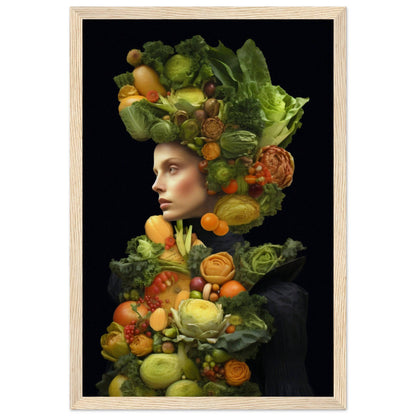 Portrait composed of vibrant fruits and vegetables arranged to form a human silhouette against a dark background.