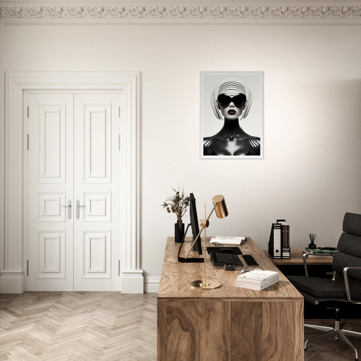 Stylish home office with a wooden desk, vintage typewriter, and striking black-and-white portrait on the wall.