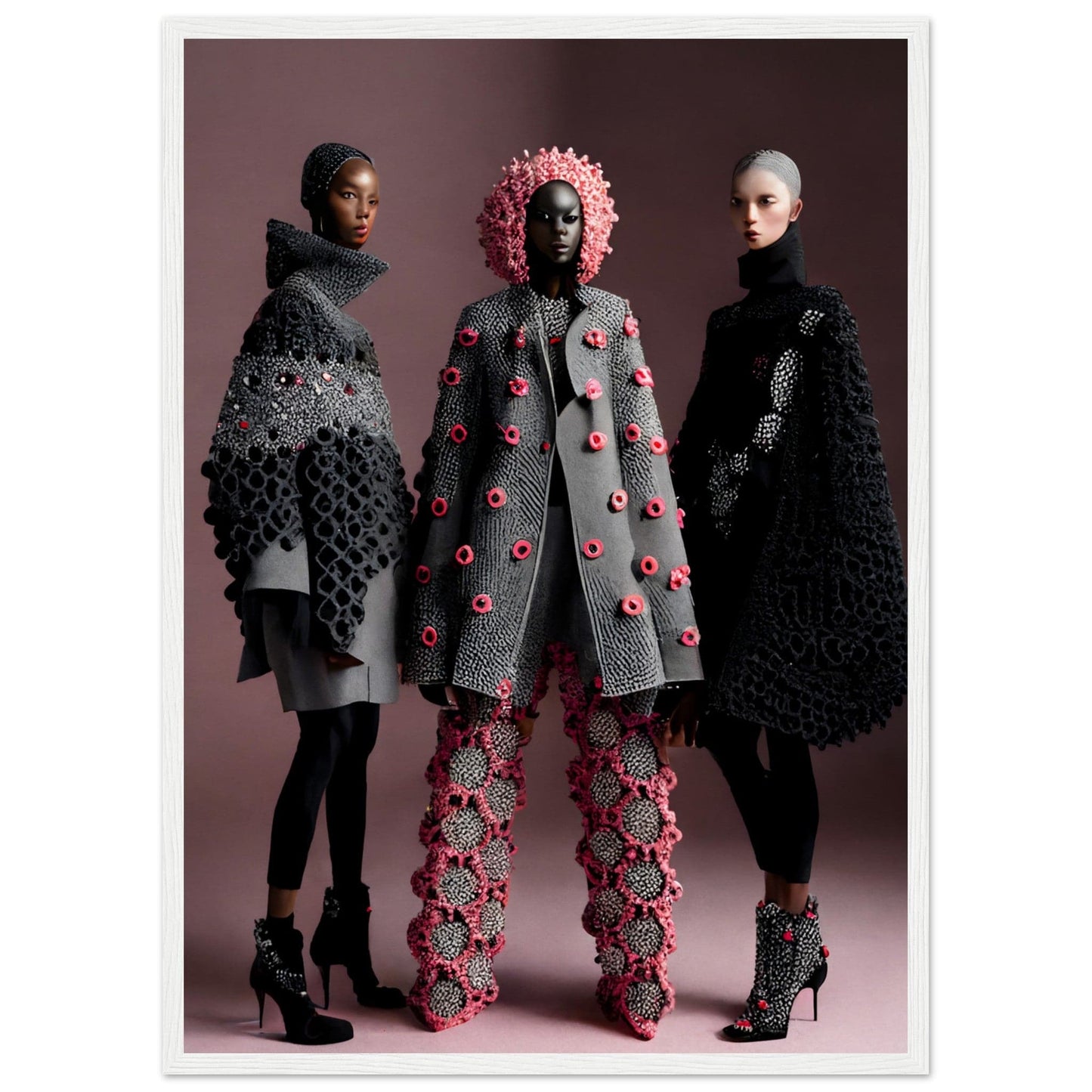 Three models wearing avant-garde knitwear outfits featuring oversized coats and accessories with floral and textural embellishments.