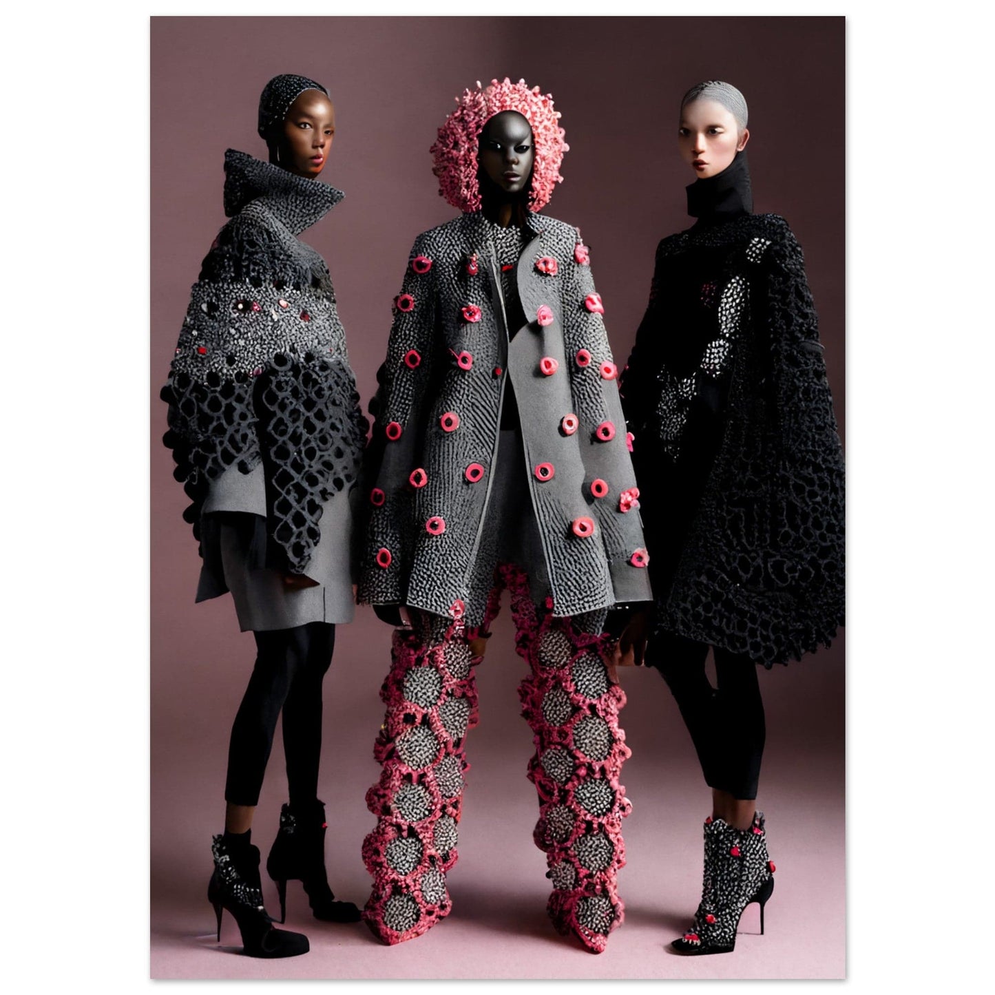 Three models wearing avant-garde knitwear designs featuring textured patterns and floral embellishments.