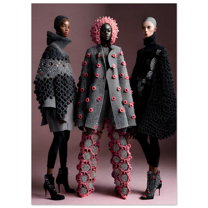 Three models wearing avant-garde knitwear designs featuring textured patterns and floral embellishments.