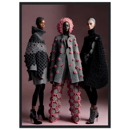 Three models wearing avant-garde knitwear and crochet fashion designs featuring textured patterns and floral embellishments.