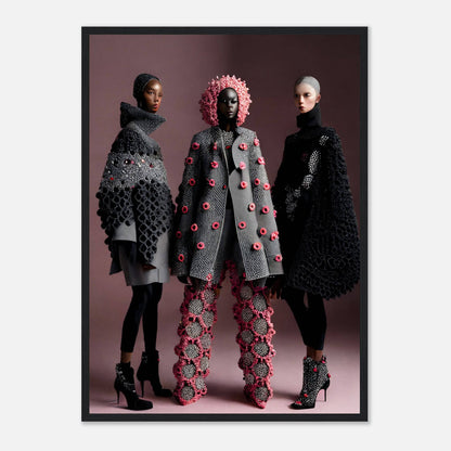 Fashion photograph featuring three models wearing avant-garde, textured outfits in gray and pink tones.