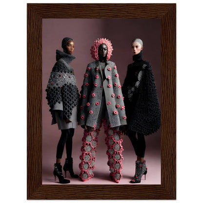 Three models wearing avant-garde knitwear designs featuring textured patterns and floral embellishments.