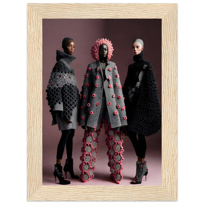 Three models wearing avant-garde knitwear designs featuring textured patterns and floral embellishments.