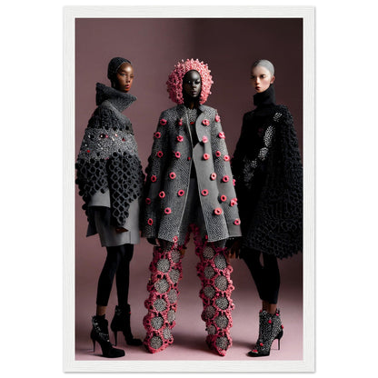 Three models wearing avant-garde haute couture outfits featuring textured coats and floral embellishments.