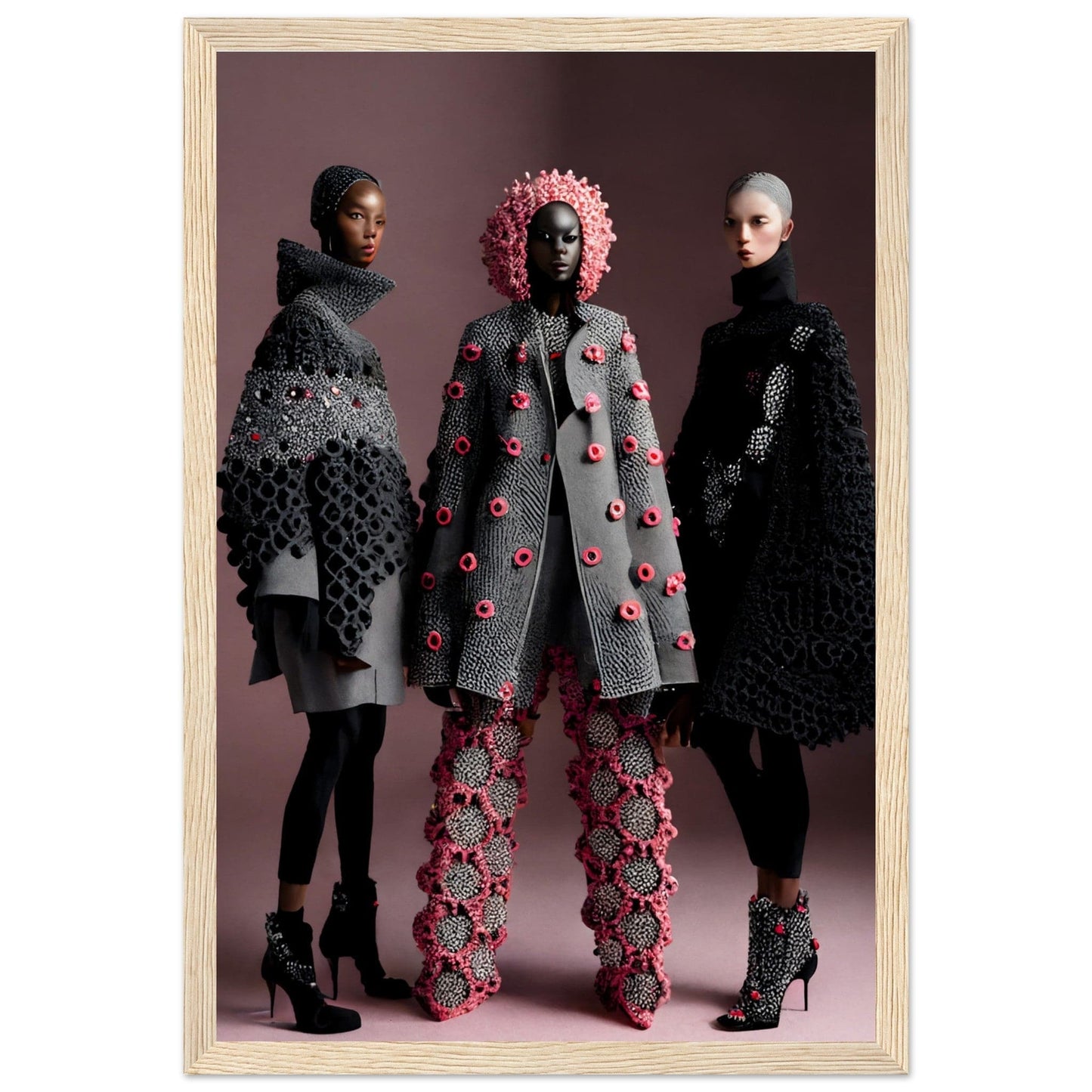 Three models wearing avant-garde, textured coats and accessories in gray, pink, and black.