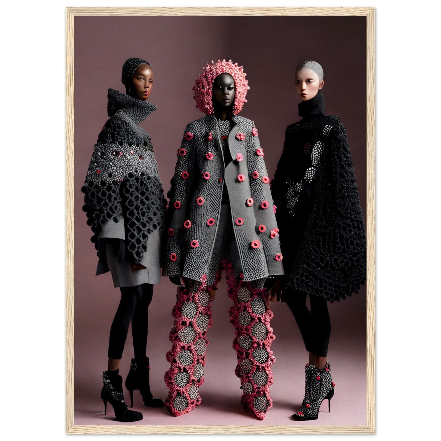 Three models wearing avant-garde knitwear and crochet fashion designs in gray and pink tones.