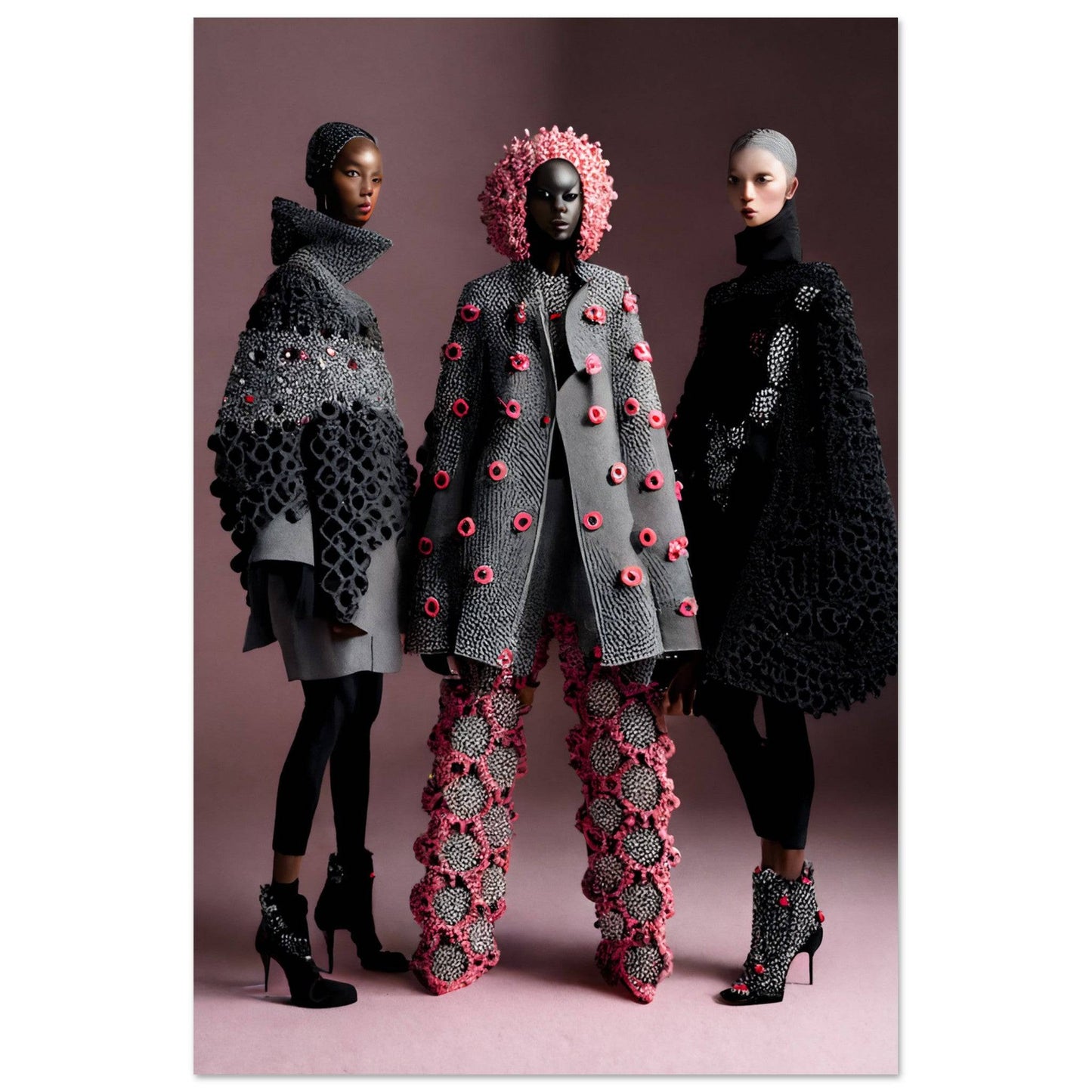 Three models wearing avant-garde, textured outerwear with floral and geometric embellishments.