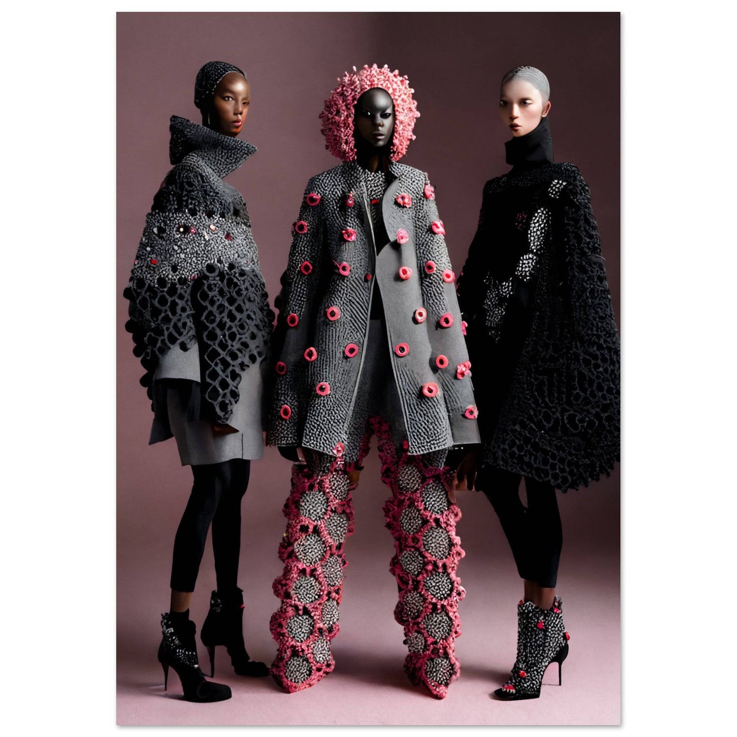 Three models wearing avant-garde knitwear designs featuring textured patterns and floral embellishments.