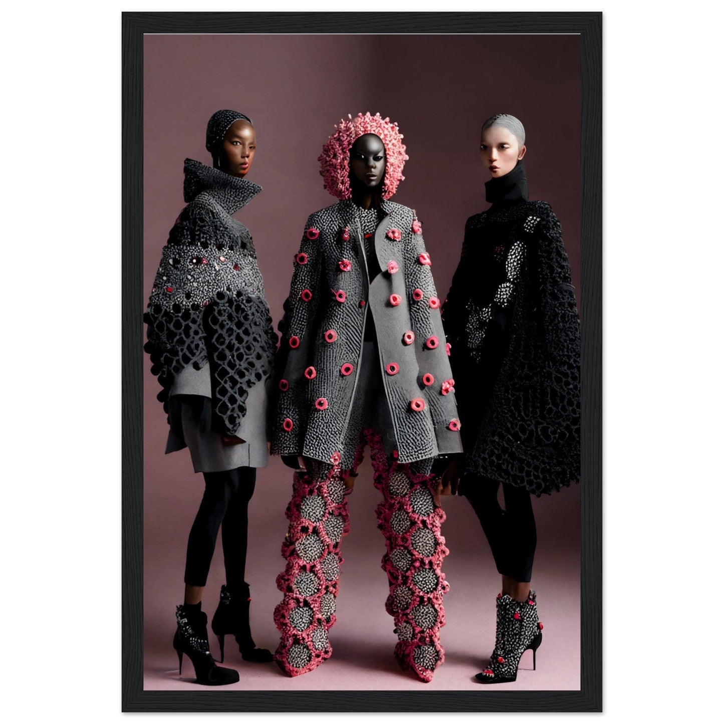 Three models wearing avant-garde, textured coats and outfits in gray, pink, and black tones.