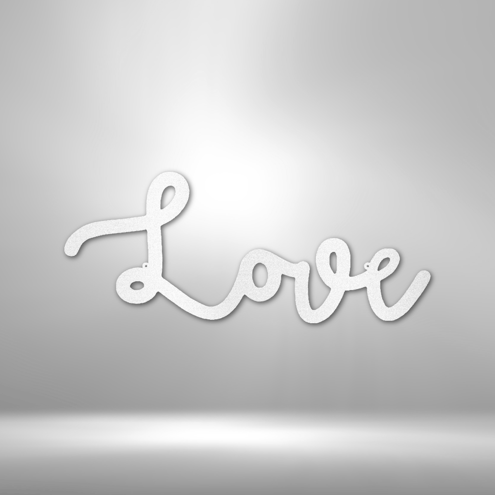 Cursive white text spelling out the word ’Love’ in a flowing script style.